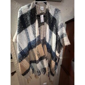 SONOMA Plaid Scarf Poncho Shawl Cozy Fringe Beige NWT One Size Fits All